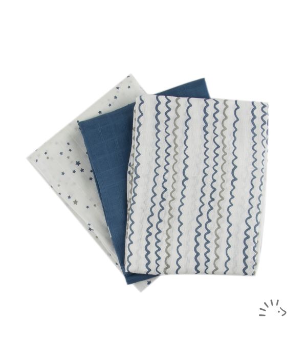 Mussoline in cotone bio 70x70 cm - 3 pezzi assortiti sul blu